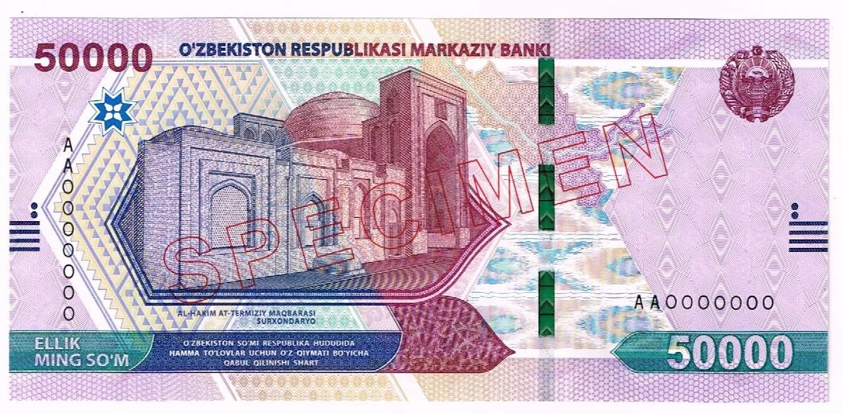 Uzbekistan 50.000 Som 2021 UNC P-91s SPECIMEN (przód)