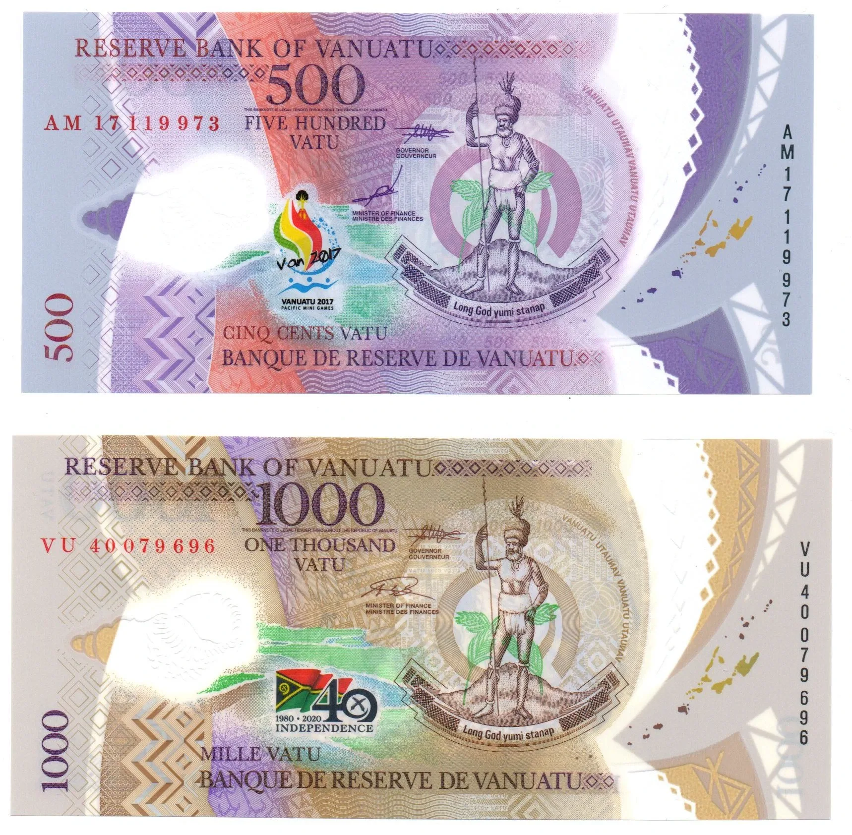 Zestaw banknotów z Vanuatu 500 vatu P-20 i 1000 vatu P-21. Okazjonalne UNC